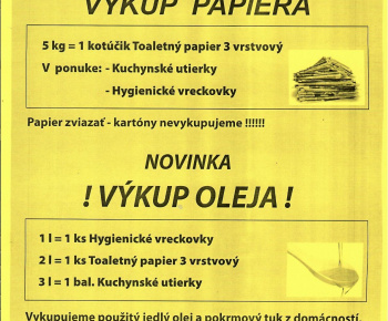Aktuality / Výkup papiera a jedlého oleja - žltá dodávka. 17.04.2024 Pôtor:  15.30 - 16.45h, Žihľava: 16.45 - 17.20h. - foto