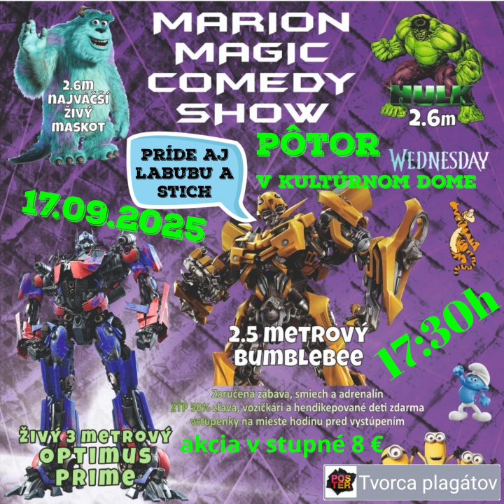 MARION MAGIC COMEDY SHOW pozýva na predstavenie plné zábavy,  smiechu a adrenalínu, v stredu 17.9.2025 v KD Pôtor, o 17,30 hod.