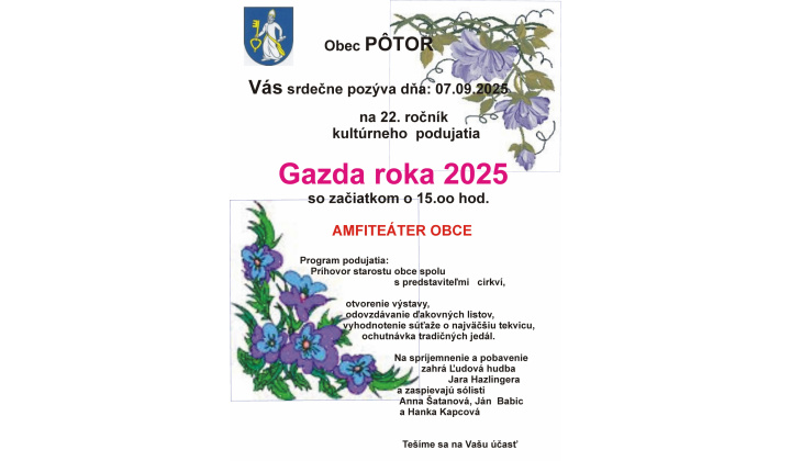 Obec Pôtor srdečne pozýva na tradičné podujatie Gazda roka 2025., 7.9.2025 o 15 hod.