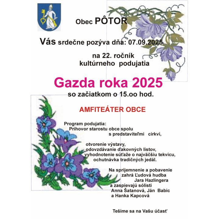 Obec Pôtor srdečne pozýva na tradičné podujatie Gazda roka 2025., 7.9.2025 o 15 hod.