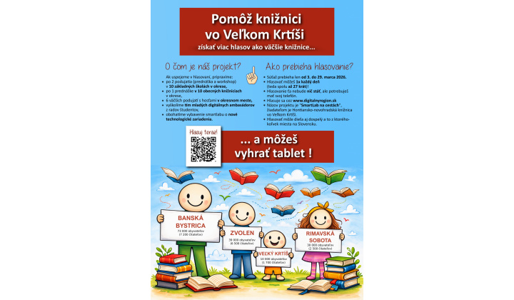 Podporte projekt knižnice vo V. Krtíši hlasovaním. Info na plagáte.