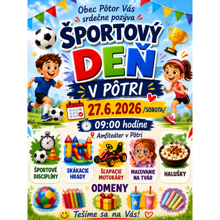 Pozvánka - Športový deň pre deti. 27.6.2026  o 9.00 hod. Všetci ste srdečne vítaní.