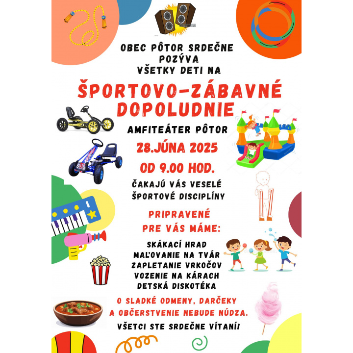 Pozvánka na športovo-zábavné dopoludnie pre deti, 28.6.2025, od 9.00 hod.