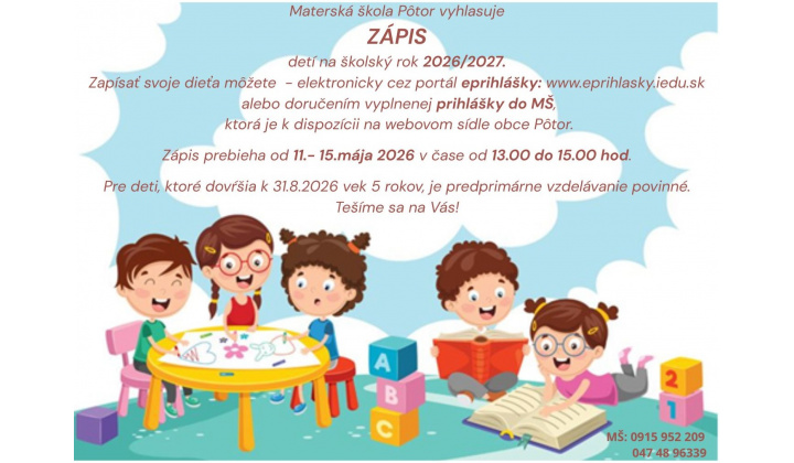 Zápis detí do MŠ Pôtor na šk. rok 2026/2027.