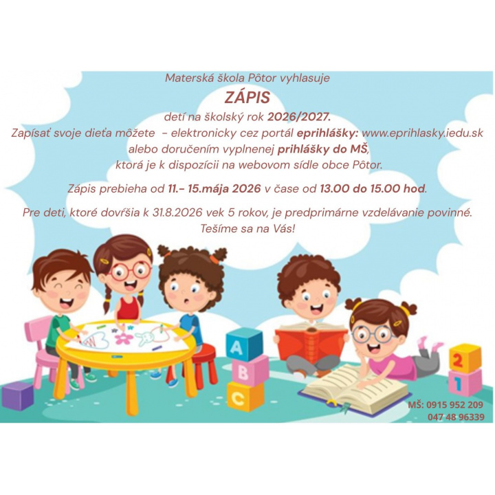Zápis detí do MŠ Pôtor na šk. rok 2026/2027.